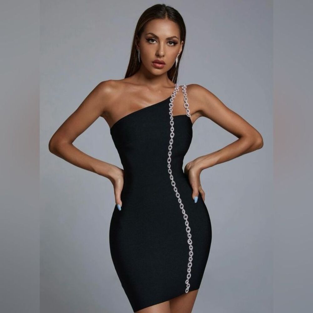 NWT Bella Barnett Black Rhinestone One Shoulder Bodycon Mini Dress M